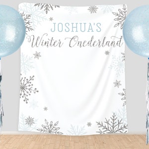 Winter Onederland Wonderland Snow Snowflakes Photography Backdrop Photobooth Curtain Tapestry Bridal Baby Shower Boy or Girl Glitter Blue
