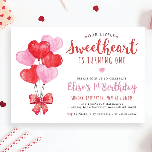 Little Sweetheart is turning One Any Age Valentine's Day February First Girl 1st Birthday Party Girly Invite Invitation | Digital or Printed