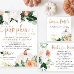 A Little Pumpkin is on the Way Fall Autumn Greenery Floral Baby Shower Invitation Set Greenery Boy or Girl Diaper Book Digital Printed Cards