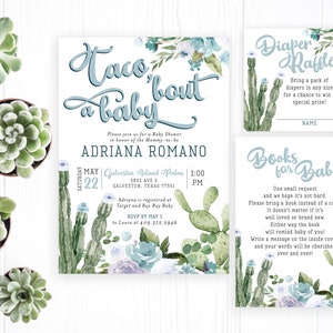 Taco 'Bout a Baby Baby Shower Invitation Set Greenery Cactus Greenery Floral Succulents Blue Diaper Book Card Set | Digital or Printed Cards