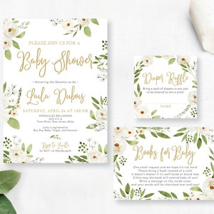 Greenery White Gold Cream Floral Boho Spring Summer Baby Girl Lush Girly Shower Invitation Set Diaper Book | Digital or Printed Cards