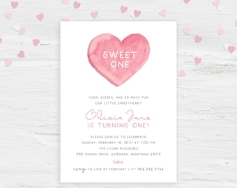 Little Sweetheart is turning One Sweet Any Age Valentine&#39;s Day February First Girl 1st Birthday Party Invite Invitation | Digital or Printed