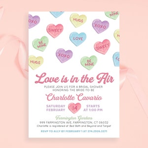 Love is in the Air Valentine's Day Bridal Shower Invitation Invite February Pink Candy Heart Advice Recipe Set  | Digital or Printed Cards