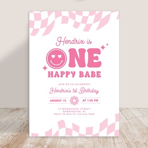 ONE Happy Babe Pink Retro Groovy Smiley Face Birthday Invite Invitation Party Checkered Rad Hippie | Digital or Printed Cards with Envelopes