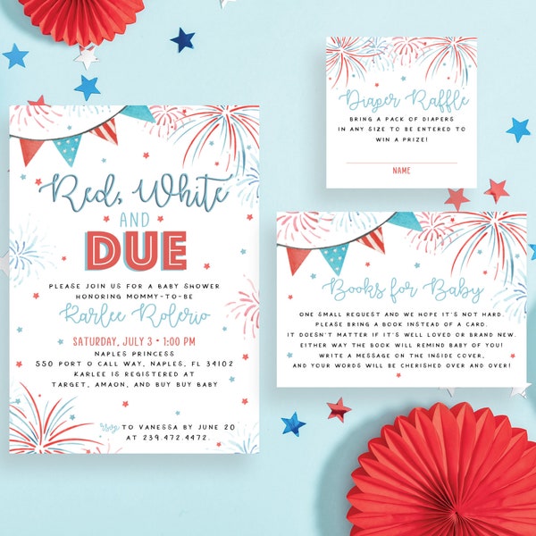 Red White & Due Baby Shower Invitation 4th of July, Patriotic, Independence Day, Fireworks Firecracker Diaper Book Card | Digital or Printed