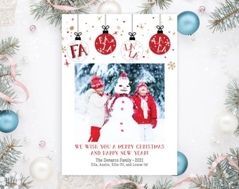 Fa La La La La Jingle Bells 2021 Holiday Family Christmas New Year Card, Red Gold Ornaments Photo Collage | Digital or Printed Cards (713)