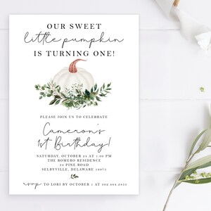 Our Little Pumpkin is Turning One Any Age Fall Autumn Boy or Girl First 1st Birthday Party Invite Invitation | Digital or Printed Cards