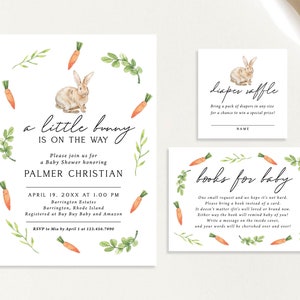 A Little Bunny is on the Way Boy or Girl Neutral Easter April Spring Baby Shower Invitation Set Rabbit Diaper Book Card | Digital or Printed
