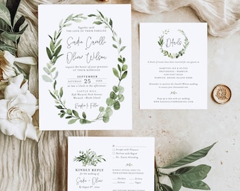 Eucalyptus Greenery Leaves Invitation, Reply Card, and Details Card, Spring Summer, Rustic Boho Wedding Suite Set | Digital or Printed Cards