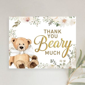 Teddy Bear Gold Greenery Floral Neutral Boho Flat or Folded Thank You Cards Greenery Bridal Baby Shower | Digital or Printed with envelopes