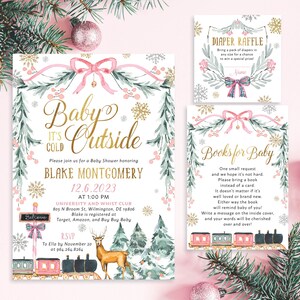 Baby it's Cold Outside Christmas Pink Shower Invitation Set Winter Wonderland Snow Holiday Greenery Diaper Book | Digital or Printed Cards