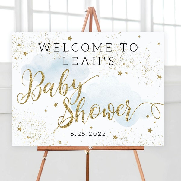 Twinkle Twinkle Little Star Large Welcome Sign, Baby Shower, First Birthday, Stars Clouds Watercolor Glitter Boy Blue | Digital or Printed