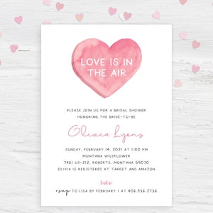 Love is in the Air Valentine's Day Bridal Shower Invitation Invite February Pink Candy Heart Advice Recipe Set  | Digital or Printed Cards