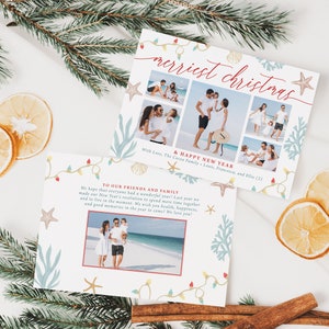Coastal Ocean Beach Summer, Merry Christmas Holiday Family New Year Card, Invitation Minimalistic Photo Collage Digital or Printed  (928)
