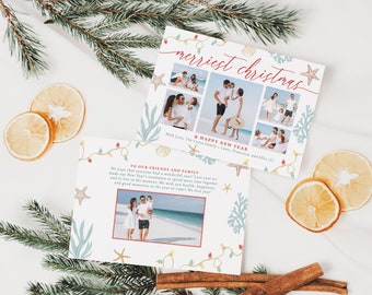 Coastal Ocean Beach Summer, Merry Christmas Holiday Family New Year Card, Invitation Minimalistic Photo Collage Digital or Printed  (928)