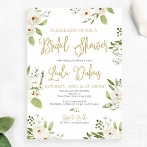 Greenery White Gold Cream Floral Boho Spring Summer Lush Girly Bridal Shower Invitation Invite Advice Recipe Set | Digital or Printed Cards