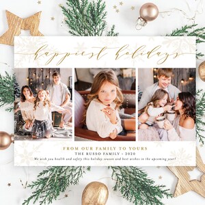 Gold Merry Christmas Happy Holidays card 3 photos collage, Family Card Gold Snowflakes Script Minimal | Digital or Printed Cards (308)