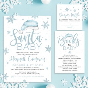 Santa Hat Baby it's Cold Outside Christmas Blue Snowflakes Shower Invitation Set Winter Holiday Diaper Book Simple |Digital or Printed Cards