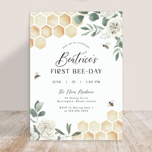 First 1st Bee-day Bee Birthday Party Invite Invitation Party Honey Honeycomb Floral Buzz Greenery | Digital or Printed Cards with Envelopes