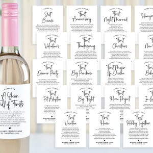 Mijlpalen bruiloft wijn-champagneflesetiketten, modern huwelijksfeest bruidscadeau eerste verjaardag getrouwd verlovingscadeau mand, bedrukt