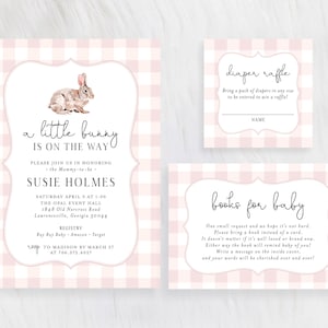 A Little Bunny is on the Way Pink Plaid Baby Shower Invitation Set Rabbit Easter Baby Girl Simple Diaper Book Card | Digital or Printed