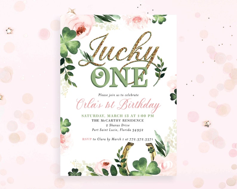 Patricks Day Birthday Time Capsule Gold First 1st Invite Lucky ONE First Birthday Invitation Pink Floral Girl St Digital or Printed Cards