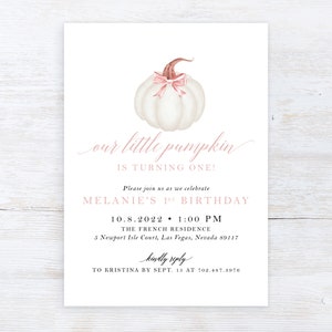 Our Little Pumpkin is Turning One Any Age Fall Autumn Pink Blush Bow Girl First 1st Birthday Party Invite Invitation | Digital Printed Cards