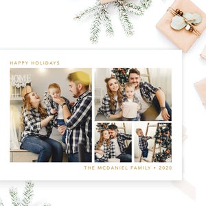 Gold Merry Christmas Happy Holidays card 4 photos collage, Family Card, Greeting Card Simple Minimal | Digital or Printed Cards (310)