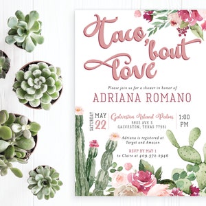 Taco 'Bout Love Bridal Shower Invitation Invite Cactus Succulents Fiesta Floral Greenery Advice Recipe Set Digital Printed Cards envelopes