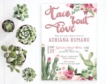 Taco 'Bout Love Bridal Shower Invitation Invite Cactus Succulents Fiesta Floral Greenery Advice Recipe Set Digital Printed Cards envelopes