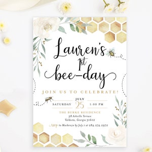 First 1st Bee-day Bee Birthday Party Invite Invitation Party Honey Honeycomb Floral Buzz Greenery | Digital or Printed Cards with Envelopes