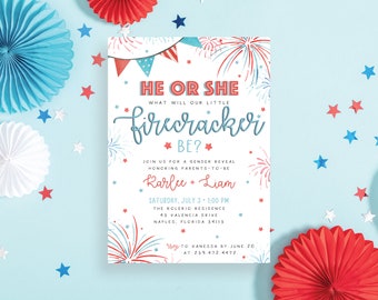 He or She Firecracker Gender Reveal Red White and Blue Due 4th of July Patriotic Fireworks Invitation Party Invite | Digital or Printed