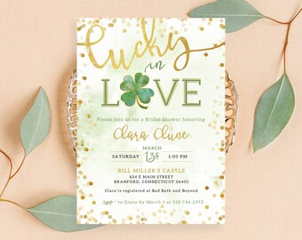 May include: A green and gold bridal shower invitation with a shamrock and the text "Lucky in Love" and "Clara Clune". The invitation includes the date, time, and location of the event.