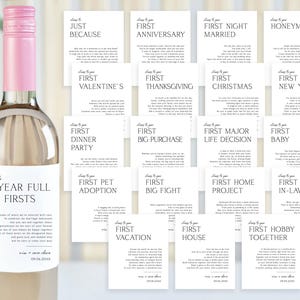 Etiquetas para botellas de vino y champán con hitos de boda, regalo de despedida de soltera moderno, primer aniversario, cesta de regalo de compromiso de casados impresa