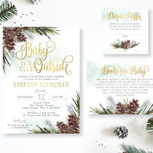 Baby it's Cold Outside Boy or Girl Baby Shower Invitation Set Rustic Winter Gold Snow Greenery Boho Diaper Book | Digital Printed Cards