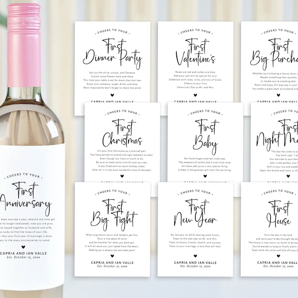 Wedding Milestones Wine Champagne Bottle Labels, Modern Wedding Shower Bridal Gift First Anniversary Married Engagement Gift Basket, Printed