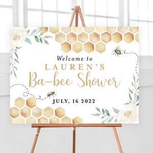 Honeycomb Bee Honey Floral Welcome Sign Large Sign, Wedding Bridal or Baby Shower, Boho Greenery Spring Buzz Gold | Digital or Printed