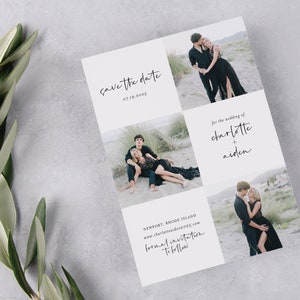 Save the Date Card 3 Photo Collage Simple Timeless Wedding Announcement Engagement Modern Minimal Black White Digital or Printed Cards (788)