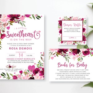 A Little Sweetheart is on the way Baby Girl Shower Invitation Set Valentine's Day February Floral Diaper Book | Digital or Printed Cards