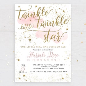 Twinkle Twinkle Little Star Baby Girl First 1st Birthday Party Invitation Stars Glitter Invite ONE | Digital or Printed Cards with envelopes