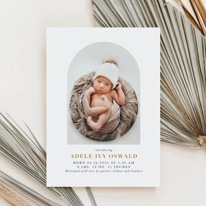 Gold Arch New Baby Birth Photo Announcement, Newborn Stats Thank You Card, Modern Minimalist Simple, Boy or Girl | Digital or Printed (826)