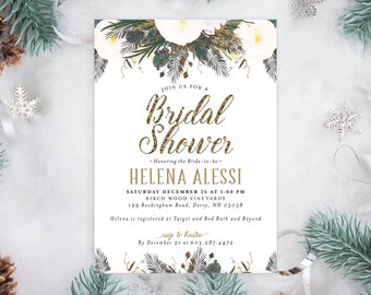 Snow in Love Winter Floral Greenery Gold Glitter Bridal Shower Invitation Invite Advice Recipe Set Holiday | Digital or Printed Cards (322)