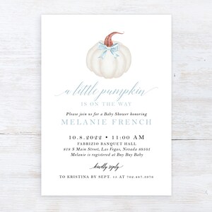 A Little Pumpkin is on the Way Baby Boy Fall Autumn Blue Bow Baby Shower Invitation Set White Pumpkin Diaper Book | Digital Printed Cards