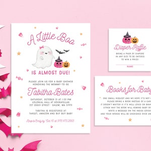 A Little Boo is Almost Due, Halloween Baby Girl, Pink Ghost Pumpkins, Fall Autumn Baby Shower Invitation Set Diaper Book | Digital Printed