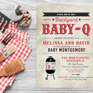 Backyard Baby-Q Barbecue BBQ Baby Shower Invitation Couples Shower Set Summer Party Rustic Vintage | Digital or Printed Cards with envelopes