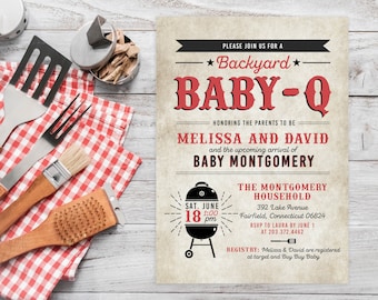 May include: A vintage-style baby shower invitation with a red and black color scheme. The invitation features a grill and the text "Backyard Baby-Q" honoring Melissa and David and the upcoming arrival of Baby Montgomery. The invitation includes the date, time, and location of the event, as well as the registry information.