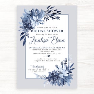 Dusty Blue Muted Floral Bridal Shower Invitation Invite Navy Light Blue Boho Advice Recipe Set | Digital or Printed Cards envelopes