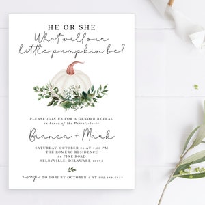 He or She What will Our Little Pumpkin Be? Gender Reveal Invitation Invite, Fall Autumn Boy or Girl Greenery | Digital or Printed Cards