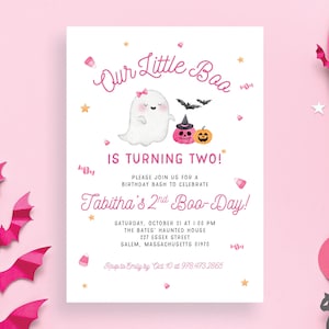 Our Little Boo is 2 Pink Pastel Halloween Spooktacular Girl Girly 2nd Two Birthday Party Orange Fall Autumn | Digital or Printed Cards