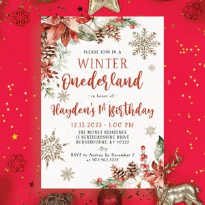 Winter Onederland Wonderland One Any Age Snow Red Floral Greenery Gold First Girl 1st Birthday Party Invite Invitation | Digital or Printed